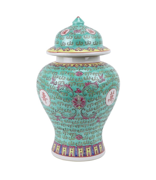 Chinese Ginger Jar Green Porcelain Wan Shou Wu Jiang Longevity D20xH35cm