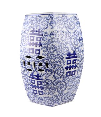 Fine Asianliving Ceramic Garden Stool Blue White Handpainted Double Happiness D33xH45cm
