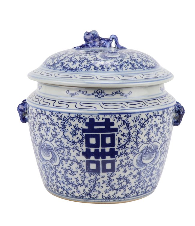 Chinesische Deckelvase Blau Weiß Porzellan Doppeltes Glück D25xH25cm