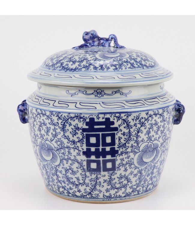 Chinesische Deckelvase Blau Weiß Porzellan Doppeltes Glück D25xH25cm