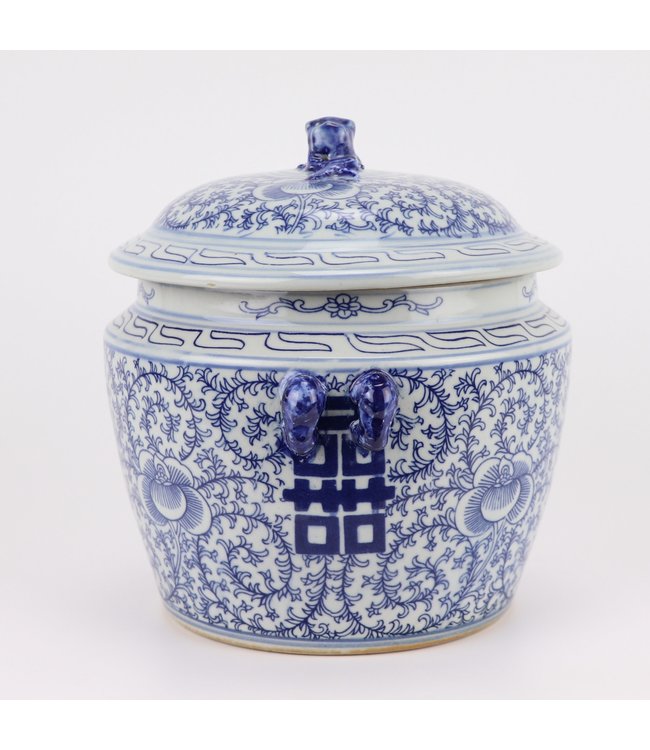 Tarro de Jengibre Chino Templo Porcelana Doble Felicidad Azul Blanca D25xAlto25cm