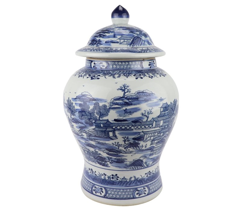 Pot à Gingembre Chinois Paysage Porcelaine Bleu Blanc D29xH48cm