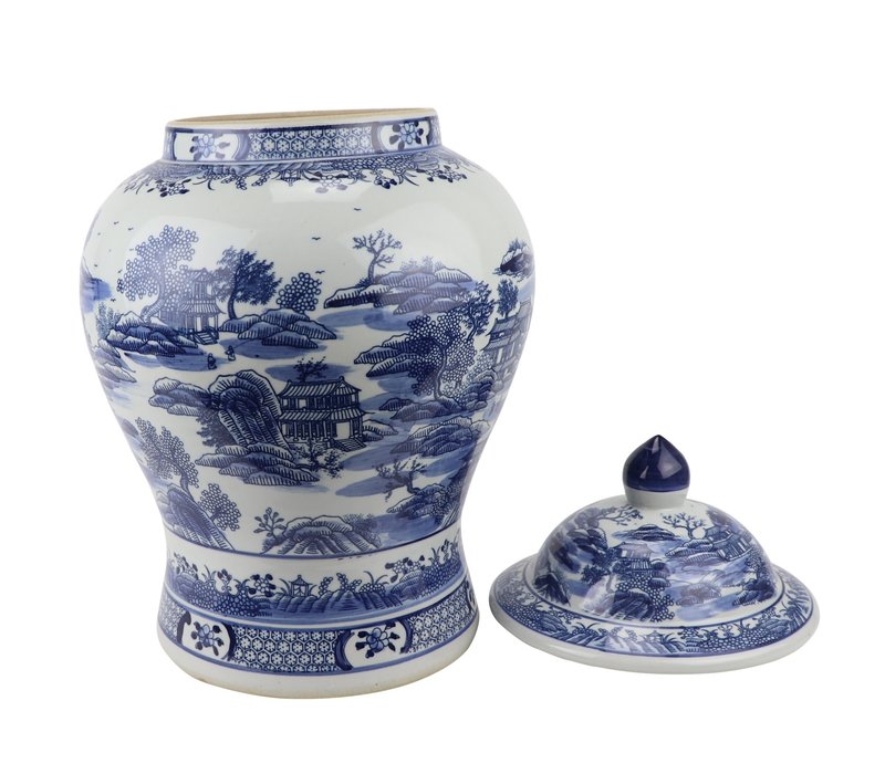 Chinese Ginger Jar Blue White Porcelain Scenery D29xH48cm