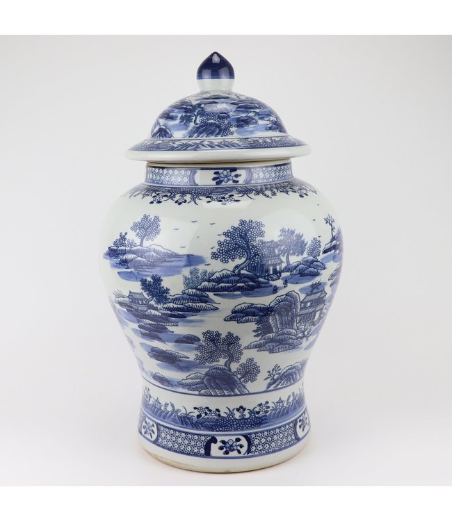Chinesische Deckelvase Blau Weiß Porzellan Landschaft D29xH48cm