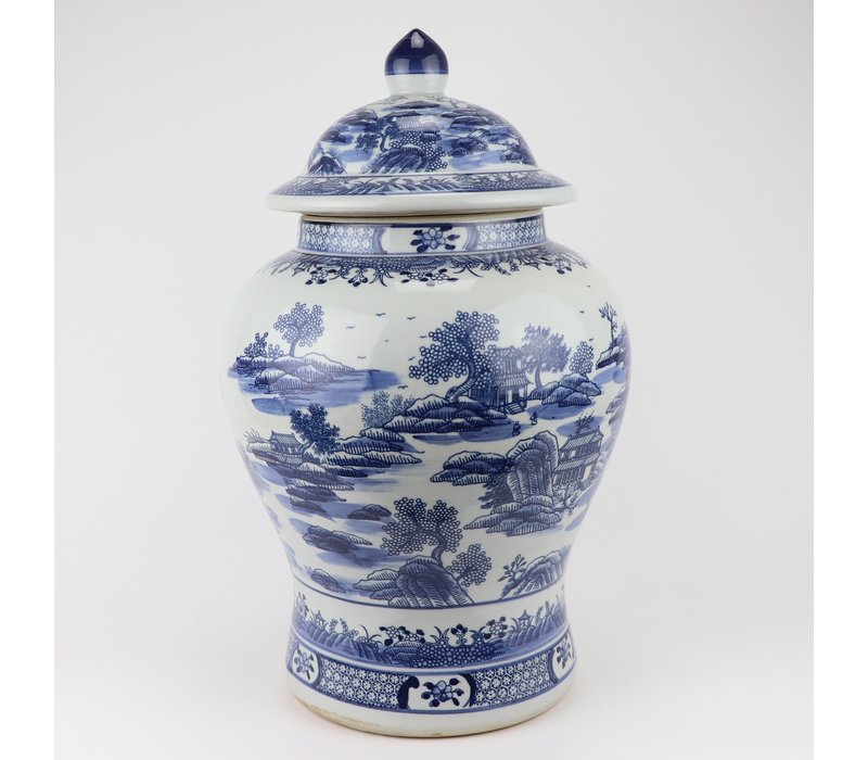 Chinesische Deckelvase Blau Weiß Porzellan Landschaft D29xH48cm