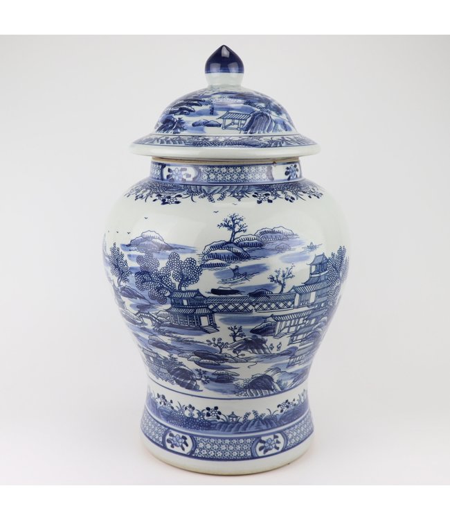 Chinese Ginger Jar Blue White Porcelain Scenery D29xH48cm