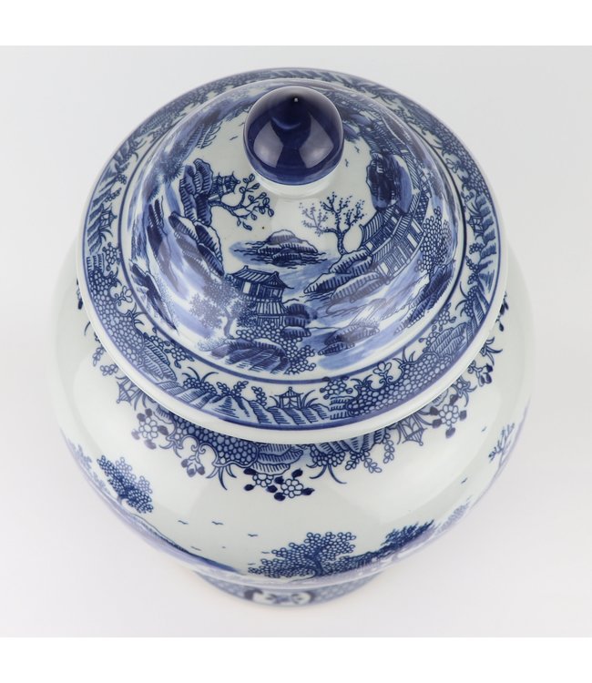 Pot à Gingembre Chinois Paysage Porcelaine Bleu Blanc D29xH48cm