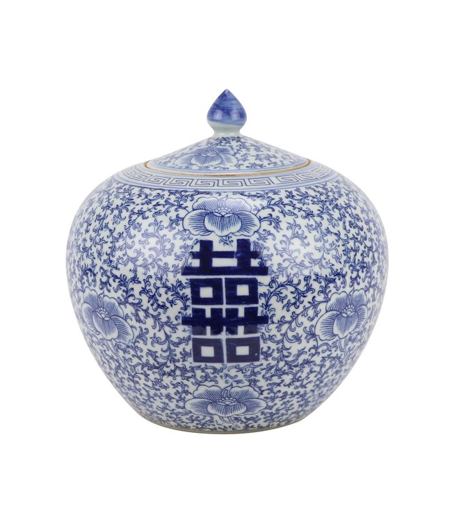 Chinese Gemberpot Blauw Wit Porselein Dubbele Blijdschap D22xH22cm