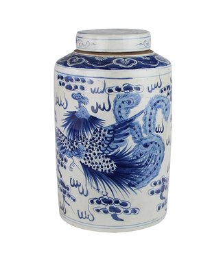 Fine Asianliving Pot à Gingembre Chinois Bleu Blanc Porcelaine Peint À La Main Dragon Phénix D26xH40cm