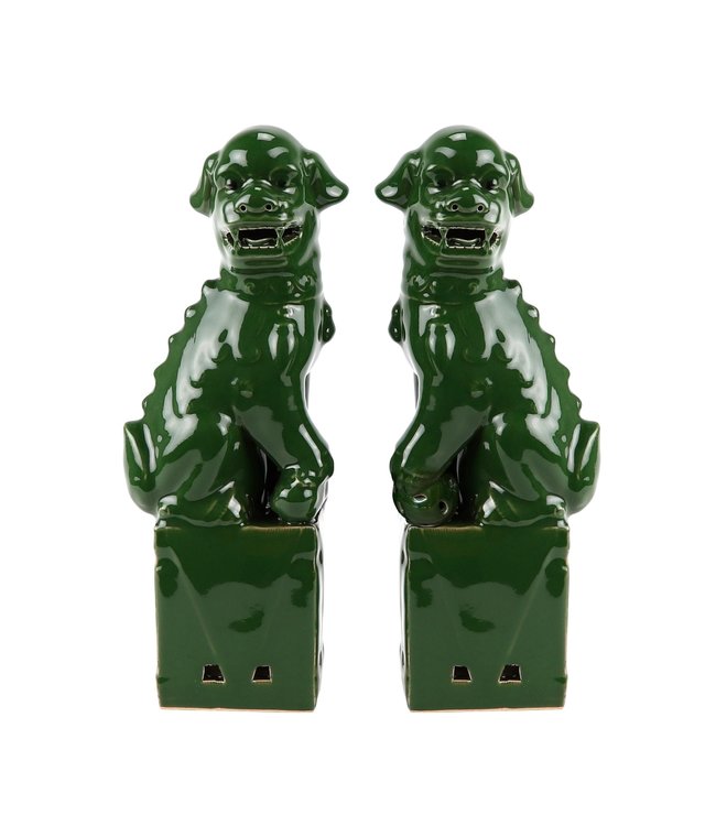 Chinois Foo Dogs Set/2 Porcelaine Verte Fait Main D10xH27cm