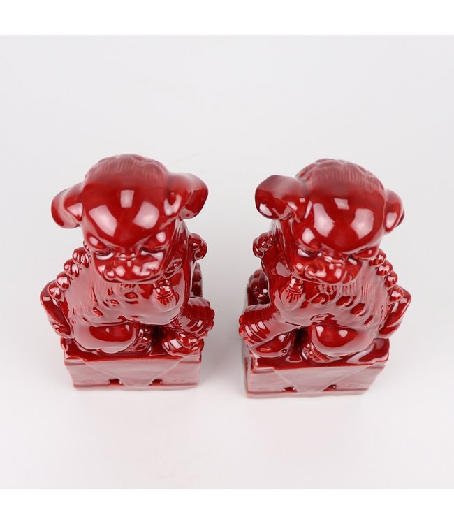Ensemble Chiens Foo Chinois/2 Porcelaine Rouge Fait Main D10xH27cm