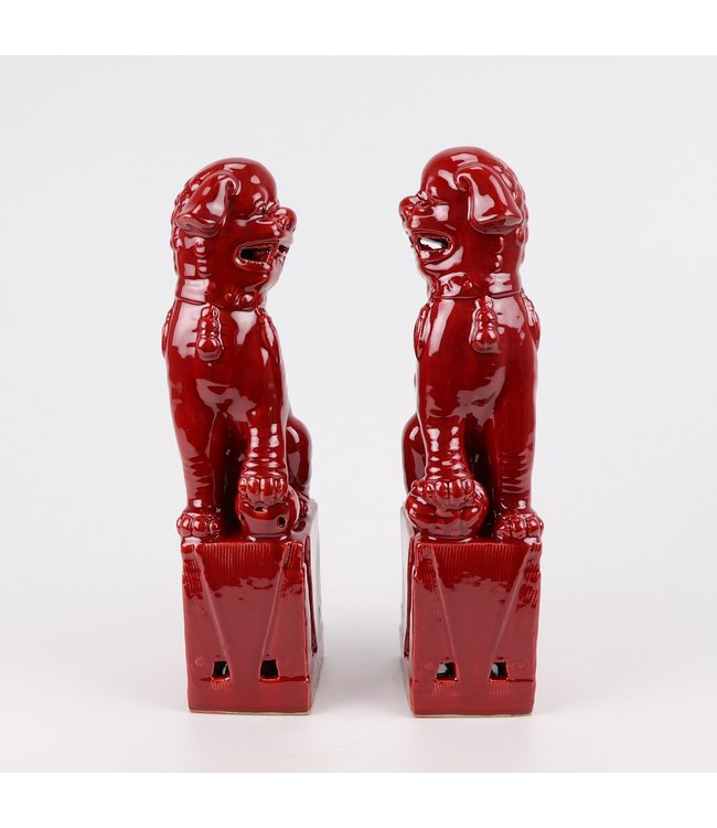 Ensemble Chiens Foo Chinois/2 Porcelaine Rouge Fait Main D10xH27cm