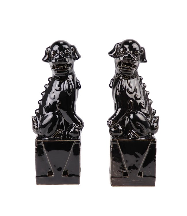 Chinese Foo Dogs Set/2 Porcelain Black Handmade D10xH27cm