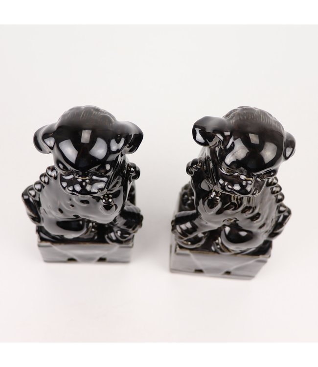 Cinese Foo Dogs Set/2 Porcelaine Noire Fait Main D10xH27cm