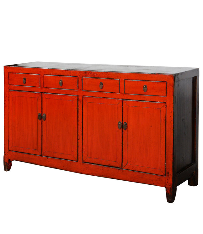 Buffet Chinois Ancien Rouge Haute Brillance L152xP40xH88cm