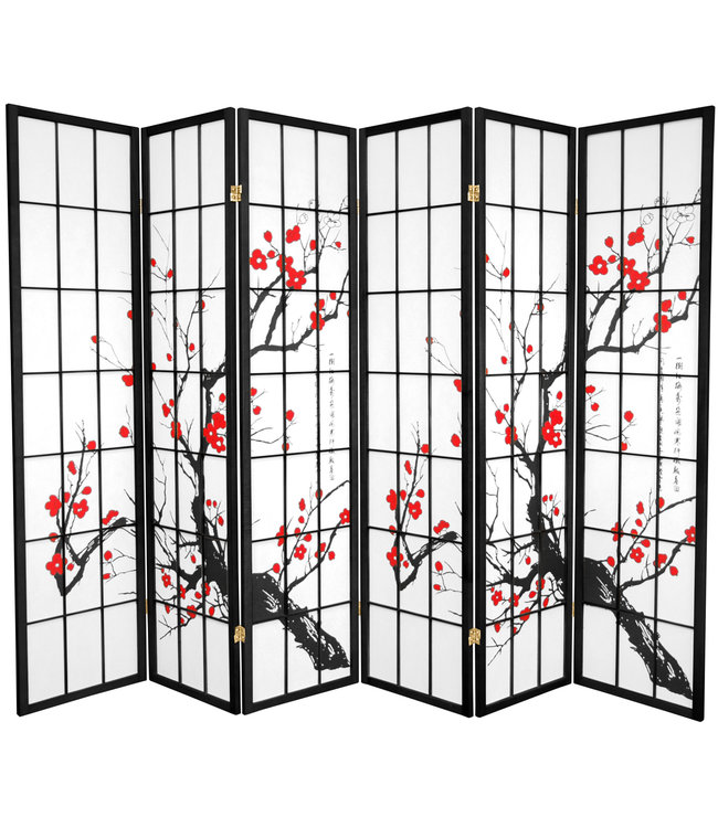 Japanse Kamerscherm B270xH180cm 6 Panelen Shoji Rijstpapier Zwart - Sakura