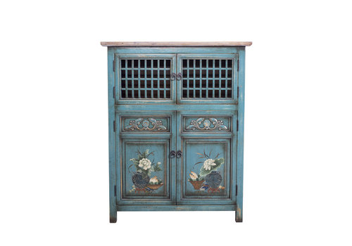 Fine Asianliving Chinese Kast Blauw Handgeschilderde Details W85xD45xH106cm