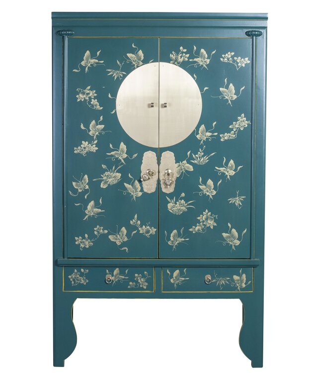 Chinesischer Hochzeitsschrank Handbemalte Schmetterlinge Teal  - Orientique Collection B100xT55xH175cm