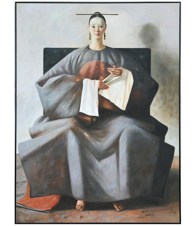Olieverf Schilderij 100% Handgeschilderd 3D met Reliëf Effect en Zwarte Omlijsting B120xH160cm Chinese Vrouw