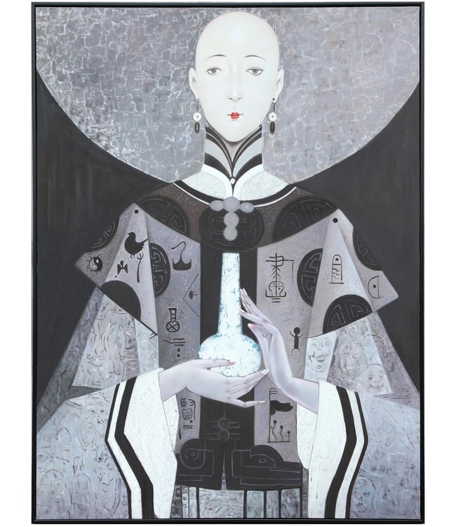 Ölgemälde 100% Handgemalt 3D Texture Rahmen Schwarz B90xH120cm Chinesische Frau mit Vase