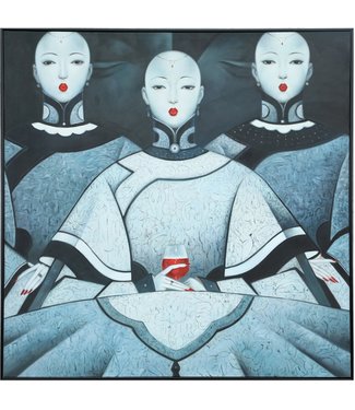 Fine Asianliving Pittura Ad Olio Dipinto a Mano 3D in Rilievo Cornice Nero L100xA100cm Donne Cinesi Con Le Labbra Rosse