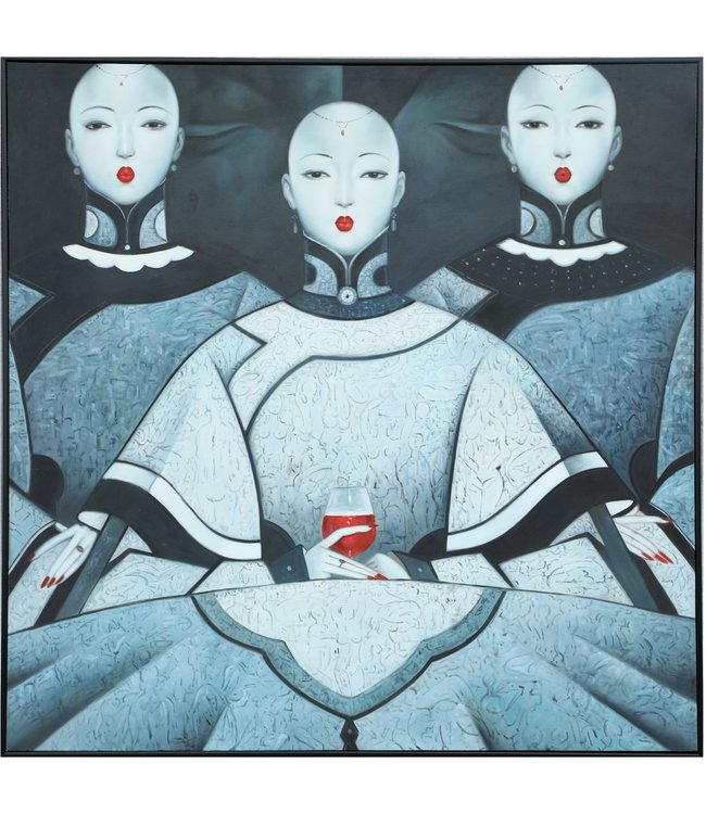 Olieverf Schilderij 100% Handgeschilderd 3D met Reliëf Effect en Zwarte Omlijsting B100xH100cm Chinese Vrouwen met Rode Lippen