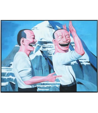 Fine Asianliving Pintura Al Óleo Cuadro Pintado a Mano 3D Efecto Relieve Marco Negro 90x120cm Yue Min Jun Reproducción Dos Hombres Riendo