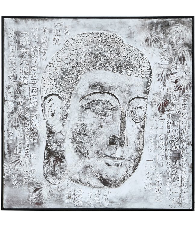 Pittura Ad Olio Dipinto a Mano 3D in Rilievo Cornice Nero 100x100cm Buddha Destra