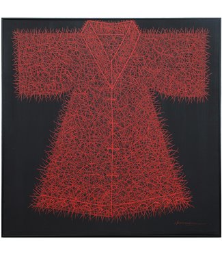 Fine Asianliving Ölgemälde 100%  Handgeschnitzt 3D Texture Rahmen Schwarz 100x100cm Kimono Rot