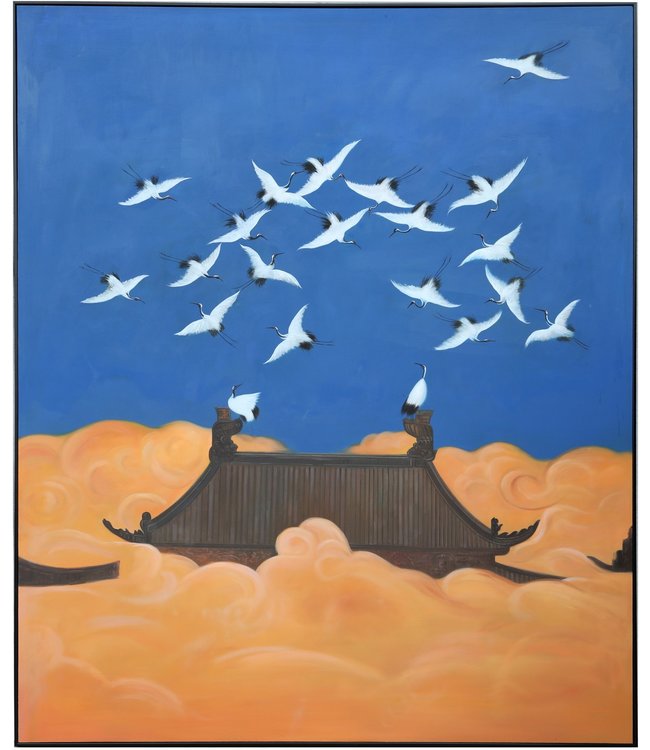 Olieverf Schilderij 100% Handgeschilderd 3D met Reliëf Effect en Zwarte Omlijsting 150x180cm Vliegende Japanse Kraanvogels