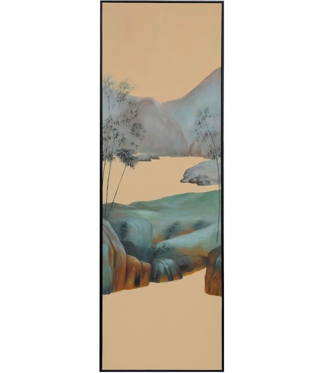 Pintura Al Óleo Cuadro Pintado a Mano 3D Efecto Relieve Marco Negro 50x150cm Paisaje