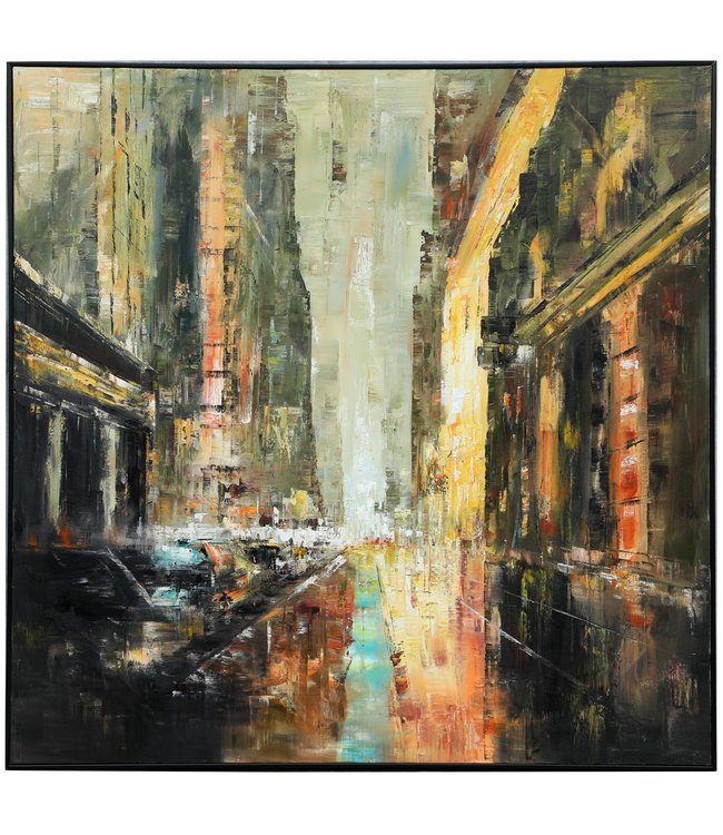 Pittura Ad Olio Dipinto a Mano 3D in Rilievo Cornice Nero 120x120cm Vecchia Città