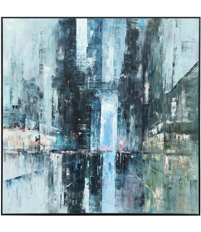 Olieverf Schilderij 100% Handgeschilderd 3D met Reliëf Effect en Zwarte Omlijsting 120x120cm Stad Blauw