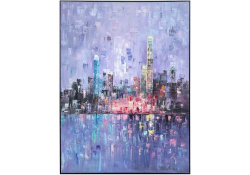 Fine Asianliving Olieverf Schilderij 100% Handgeschilderd 3D met Reliëf Effect en Zwarte Omlijsting 120x160cm Skyline van de Stad