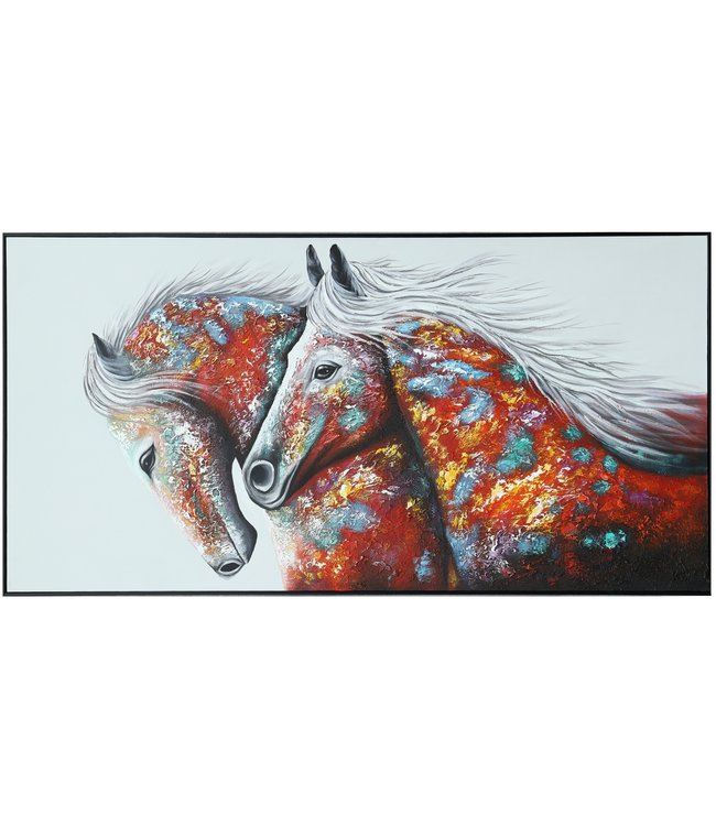 Pintura Al Óleo Cuadro Pintado a Mano 3D Efecto Relieve Marco Negro 80x160cm Dos Caballos