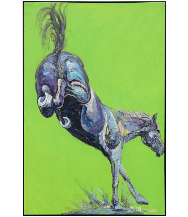 Pintura Al Óleo Cuadro Pintado a Mano 3D Efecto Relieve Marco Negro 100x150cm Caballo Verde