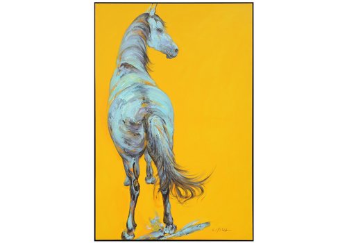 Fine Asianliving Olieverf Schilderij 100% Handgeschilderd 3D met Reliëf Effect en Zwarte Omlijsting 100x150cm Paard Geel