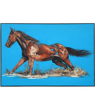 Fine Asianliving Pintura Al Óleo Cuadro Pintado a Mano 3D Efecto Relieve Marco Negro 100x150cm Caballo Azul