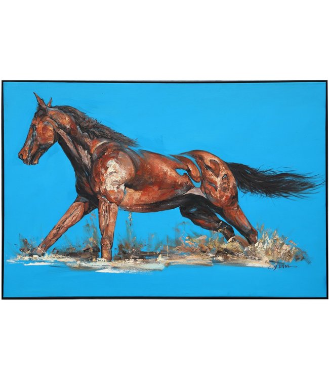 Pintura Al Óleo Cuadro Pintado a Mano 3D Efecto Relieve Marco Negro 100x150cm Caballo Azul