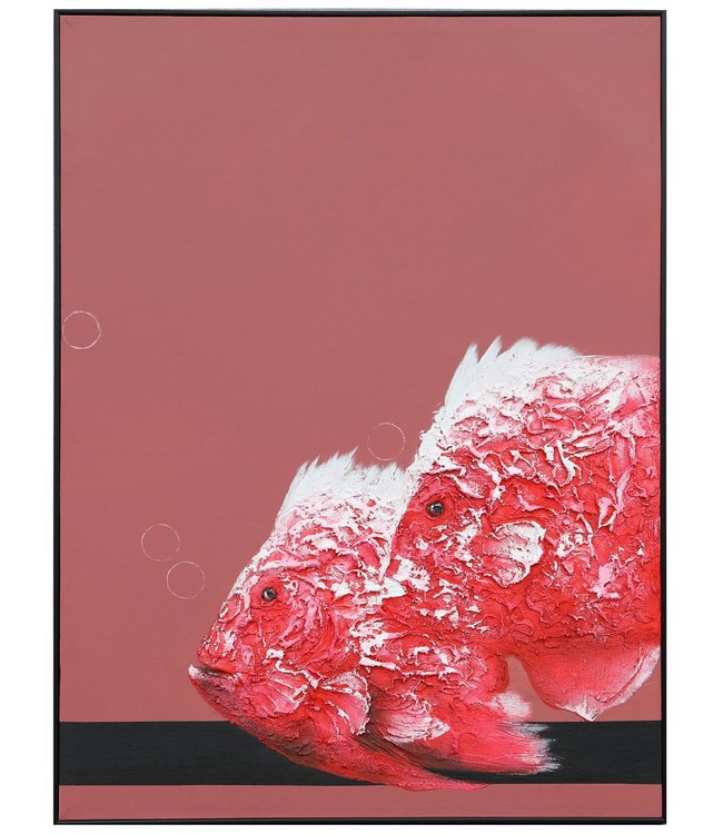Ölgemälde 100% Handgemalt 3D Texture Rahmen Schwarz 90x120cm Fische Rot