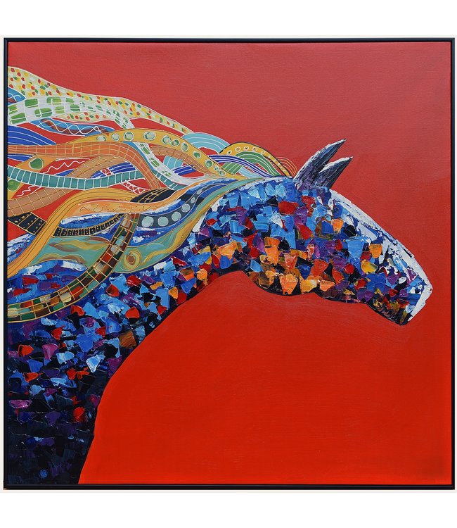 Pintura Al Óleo Cuadro Pintado a Mano 3D Efecto Relieve Marco Negro 100x100cm Caballo Roja