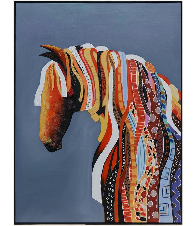 Pintura Al Óleo Cuadro Pintado a Mano 3D Efecto Relieve Marco Negro 90x120cm Caballo Gris