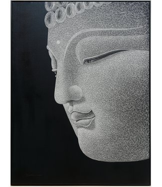 Fine Asianliving Pittura Ad Olio Intagliato a Mano 3D in Rilievo Cornice Nero 90x120cm Buddha Grigio