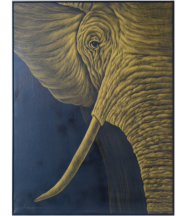 Olieverf Schilderij 100% Handgegraveerd 3D met Reliëf Effect en Zwarte Omlijsting 90x120cm Olifant Rechts
