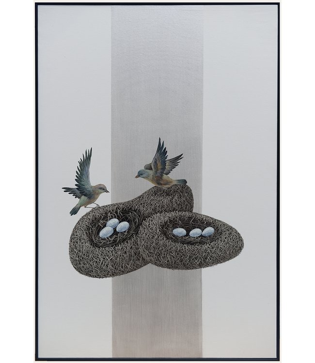 Olieverf Schilderij 100% Handgeschilderd 3D met Reliëf Effect en Zwarte Omlijsting 80x120cm Vogels
