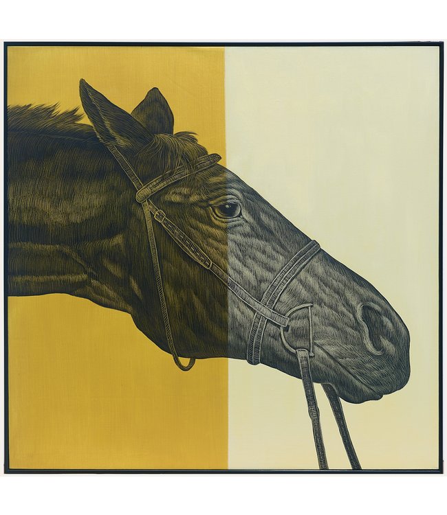 Olieverf Schilderij 100% Handgegraveerd 3D met Reliëf Effect en Zwarte Omlijsting 100x100cm Paard