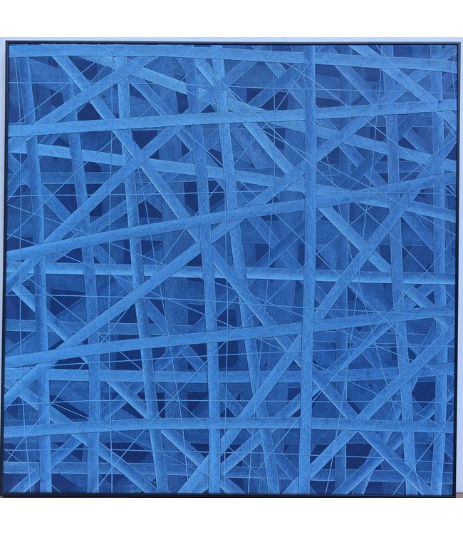 Olieverf Schilderij 100% Handgegraveerd 3D met Reliëf Effect en Zwarte Omlijsting 100x100cm Blauw