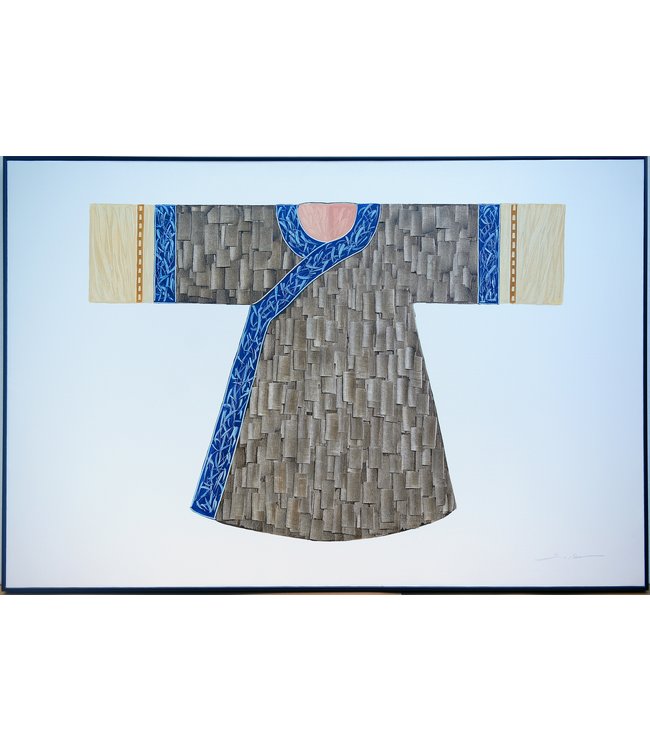 Pintura Al Óleo Cuadro Pintado a Mano 3D Efecto Relieve Marco Negro 150x100cm Kimono Azul Natural