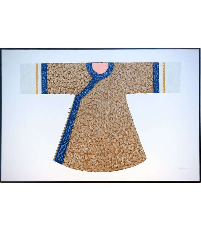 Olieverf Schilderij 100% Handgeschilderd 3D met Reliëf Effect en Zwarte Omlijsting 150x100cm Kimono Blauw Wit