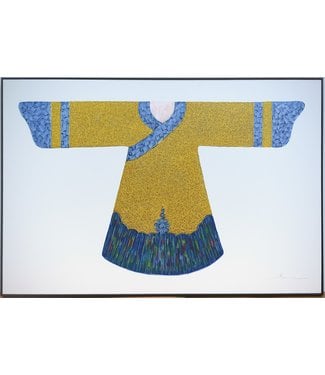 Fine Asianliving Peinture á l'Huile 100% Peint á La Main 3D Effect Relief Cadre Noir 150x100cm Kimono Jaune Bleu